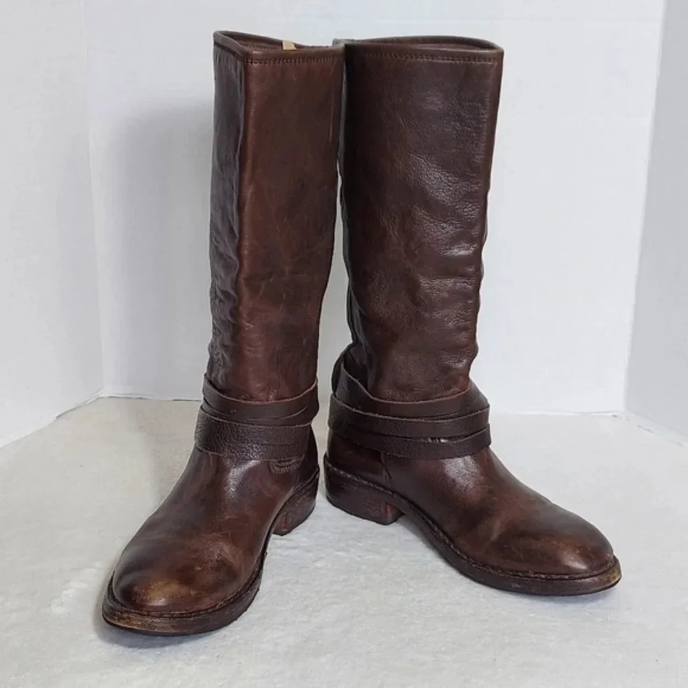 Vintage Shoe Company Distressed Brown Leather Boots Wrap Around Buckle Straps